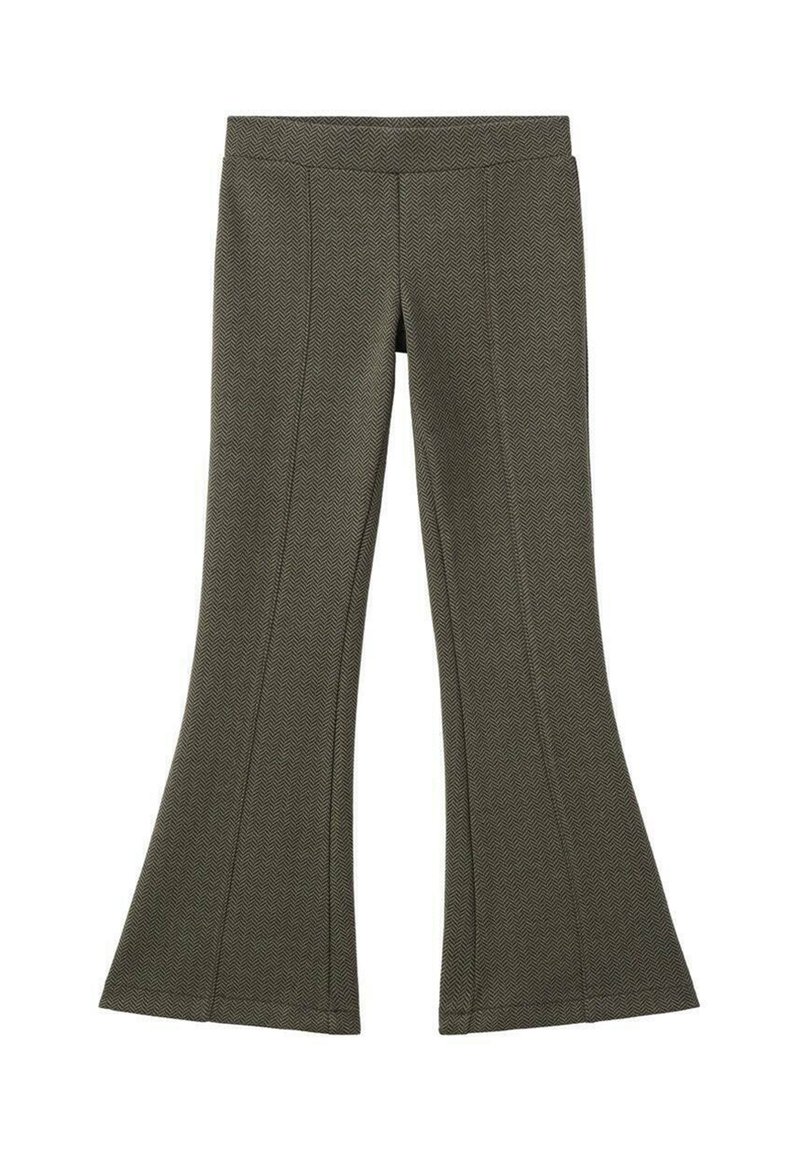 Pantalons évasés en olive à motif chevrons avec une taille ajustée et des détails de couture le long de l'avant de chaque jambe.