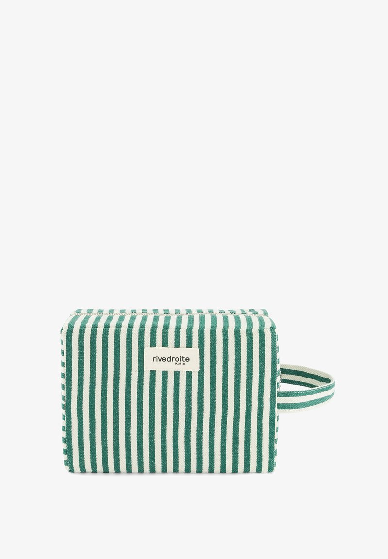 Trousse de toilette rectangulaire à rayures verticales vertes et blanches, avec une poignée latérale et une étiquette "rivedroite Paris" centrée.