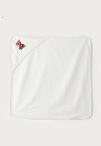 White hooded towel made of soft, absorbent material. Features a stitched bear design and contrasting trim on one edge.