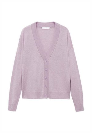 Lilla cardigan med V-hals, lange ærmer og knaplukning foran. Lavet af blødt stof med ribkant detaljer ved ærmerne og kanten.