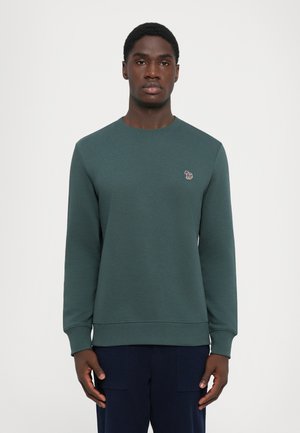 Young man wearing a dark green crewneck sweatshirt with a small multicolored zebra logo on the chest, standing against a plain background.