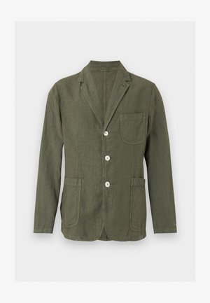 Blazer décontracté vert olive avec revers crantés, trois boutons blancs et trois poches plaquées à l'avant.