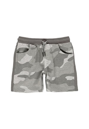 Gray and white camouflage-patterned shorts with elastic waistband, drawstring, and side pockets.