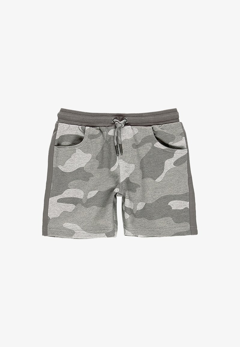 Shorts à motifs camouflage gris et blanc avec taille élastique, cordon de serrage et poches latérales.