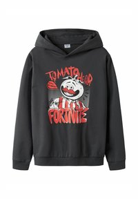 Zwarte hoodie met een grafische print van een cartoon-tomaat karakter met een snor en de tekst "TOMATO HEAD" en "FORTNITE" in het rood.