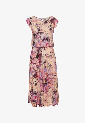 Blumenkleid in lila, rosa und gelben Farbtönen, mit kurzen Ärmeln, rundem Hals und tailliertem Schnitt sowie einem fließenden Rock.