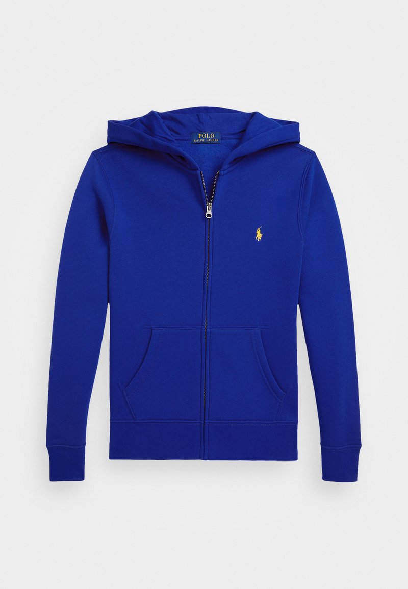 Königsblauer Reißverschluss-Hoodie mit weicher Textur, Kängurutaschen und gelbem gesticktem Logo auf der linken Brust. Mit Kordelzugkapuze.