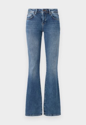 Flared jeans in light blue denim, featuring five pockets, a zip fly, and a faded wash with slight distressing near the hem.