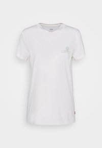 Bílá bavlněná tričko s kulatým výstřihem. Má malou grafiku zeleného květu a text "LEVI'S" na levé části hrudi. Krátké rukávy.