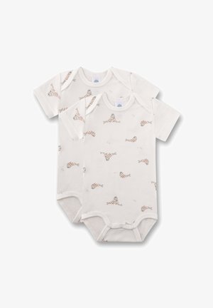 Zwei Babybodys aus Baumwolle mit kurzen Ärmeln, cremefarbenem Hintergrund und einem verspielten Fischmuster in verschiedenen Braun- und Beigetönen.