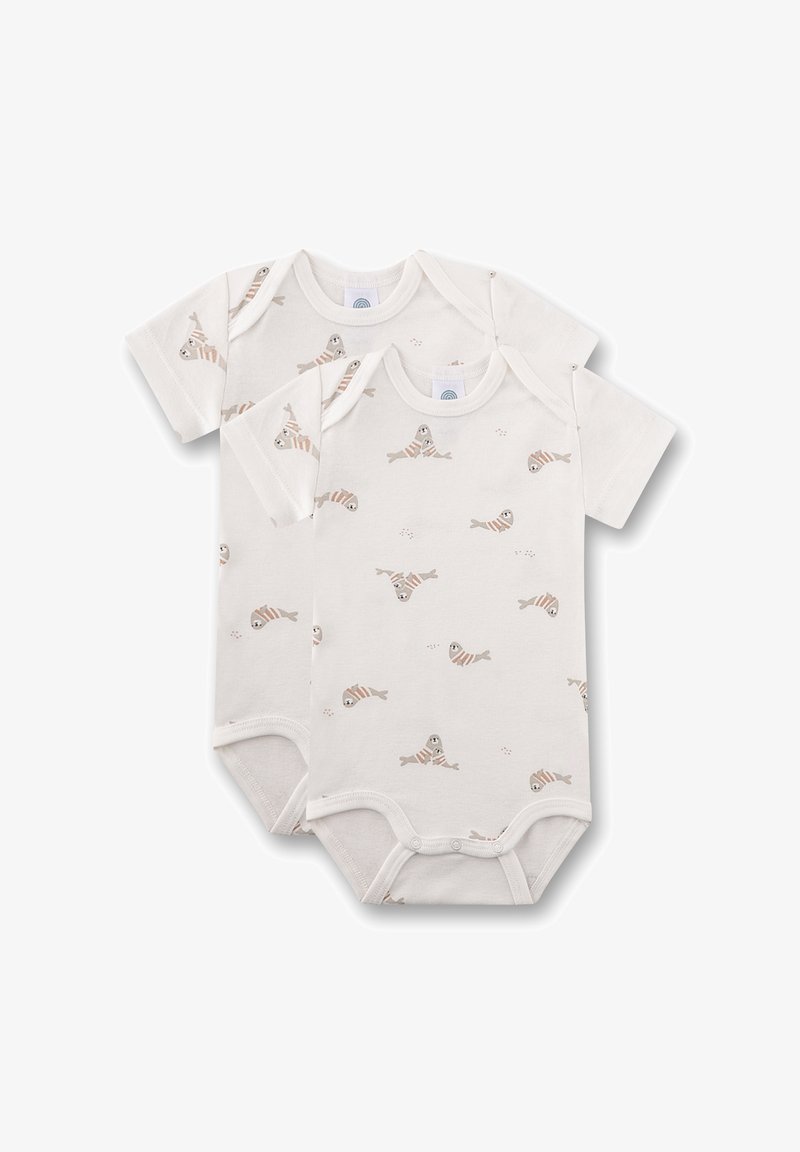 Zwei Babybodys aus Baumwolle mit kurzen Ärmeln, cremefarbenem Hintergrund und einem verspielten Fischmuster in verschiedenen Braun- und Beigetönen.