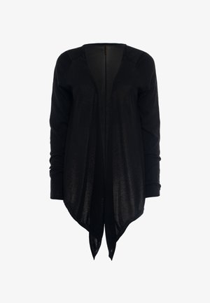 Schwarze offene Strickjacke, lange Ärmel, aus leichtem Material. Verfügt über ein drapiertes Design mit spitzem Saum und gerippten Bündchen.