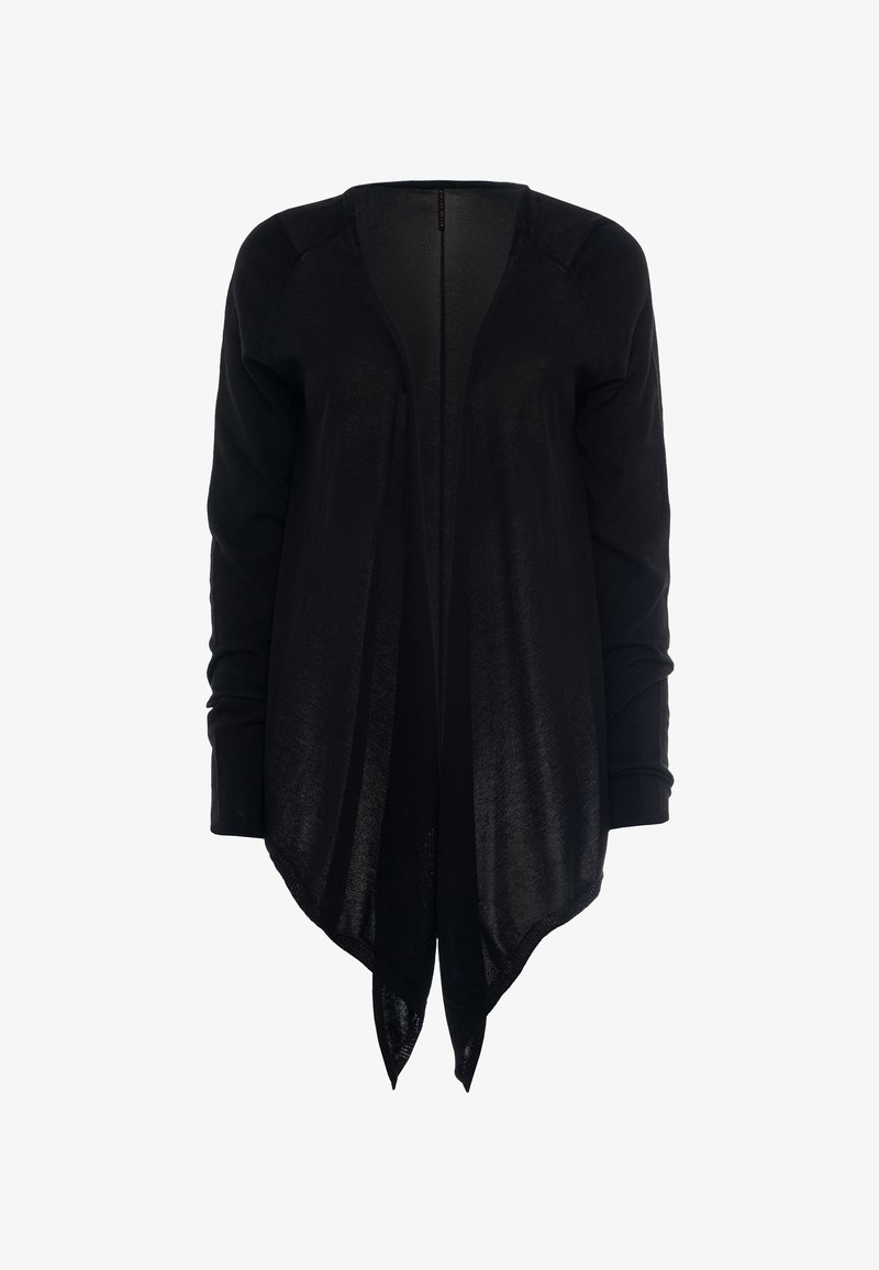 Cardigan nero aperto davanti, maniche lunghe, realizzato in materiale leggero. Presenta un design drappeggiato con orlo a punta e polsini a costine.