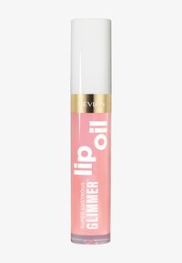 Olio labbra Revlon in confezione rosa trasparente. Finitura lucida con testo bianco che riporta "Super Lustrous Glimmer Lip Oil". Accento con banda dorata.