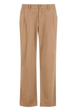Beige bukser laget av myk bomull med rett ben-design, med knappelukking og subtile frontfolder for ekstra detalj.