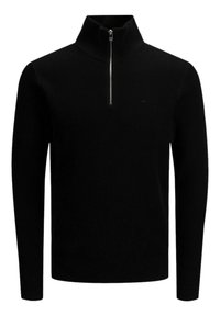 Pull en maille côtelée noire avec une fermeture éclair métallique à moitié, un col montant, des manches longues et une silhouette ajustée.