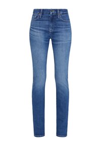Blå denim slim jeans med fem fickor, dragkedja och knäppning. Har subtila blekningar och en klassisk rak skärning.