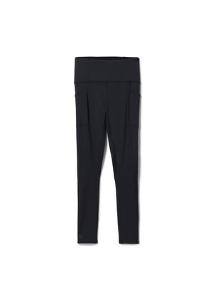 Black leggings made of stretchy fabric, featuring a high waistband, two side pockets, and a slim, fitted design.