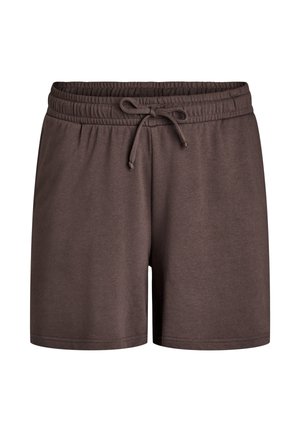 Brązowe bawełniane szorty z elastycznym paskiem i regulowanym sznurkiem. Prosty design, luźny krój, bez widocznych wzorów czy akcentów.