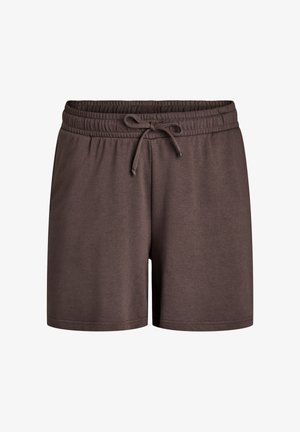 Braune Baumwollshorts mit elastischem Bund und verstellbarem Kordelzug. Einfaches Design, lockere Passform und keine sichtbaren Muster oder Akzente.