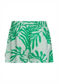 Pantaloni corti con motivo a foglie verdi e vita elasticizzata. Realizzati in tessuto leggero, presentano uno sfondo verde menta e un design audace di fogliame verde.