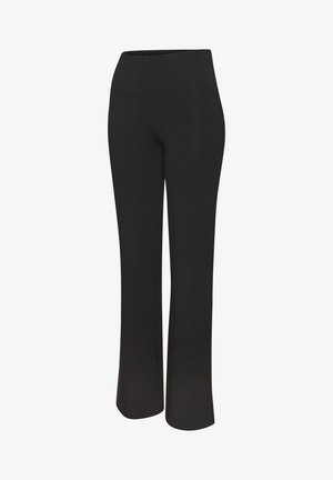 Schwarze, enganliegende Yogahosen mit einem breiten Bund, hergestellt aus dehnbarem Material. Sie haben ein ausgestelltes Bein-Design und eine glatte Textur.