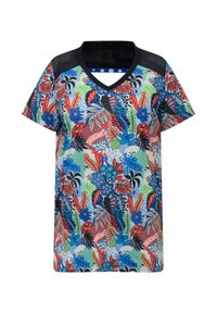 Camisa de manga corta con un vibrante patrón de flores y hojas en azul, rojo, verde y negro. Diseño de escote en V con acentos de malla.