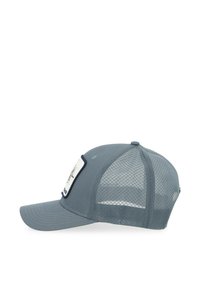 Grå baseballkasket med netbagside, buet skygge og en hvid lap med et grafisk design på forsiden.