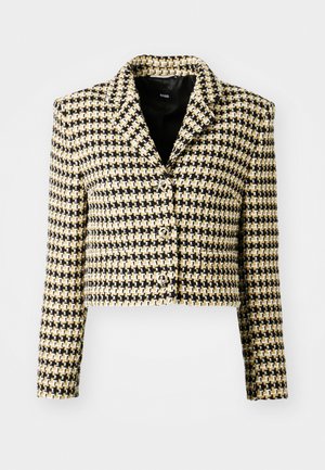 Cropped jacket in a textured weave of black, yellow, and cream. Features a notched collar and three-button closure with metallic accents.