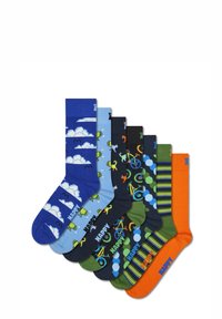 Juego de calcetas coloridas que presentan diversos patrones, incluyendo nubes, bicicletas y puntos, en tonalidades de azul, verde, negro y naranja.