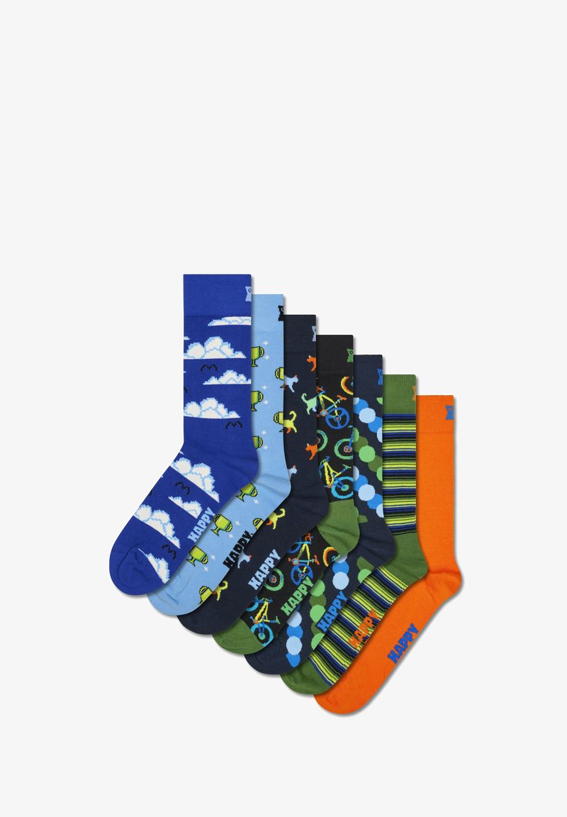 Juego de calcetas coloridas que presentan diversos patrones, incluyendo nubes, bicicletas y puntos, en tonalidades de azul, verde, negro y naranja.