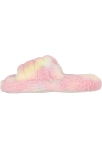 Flauschiger Schlüpfschuh im pastellfarbenen pink-gelben Ombre-Muster. Plüsch-Obermaterial und Sohle sorgen für eine weiche Textur. Offene Zehen-Design.