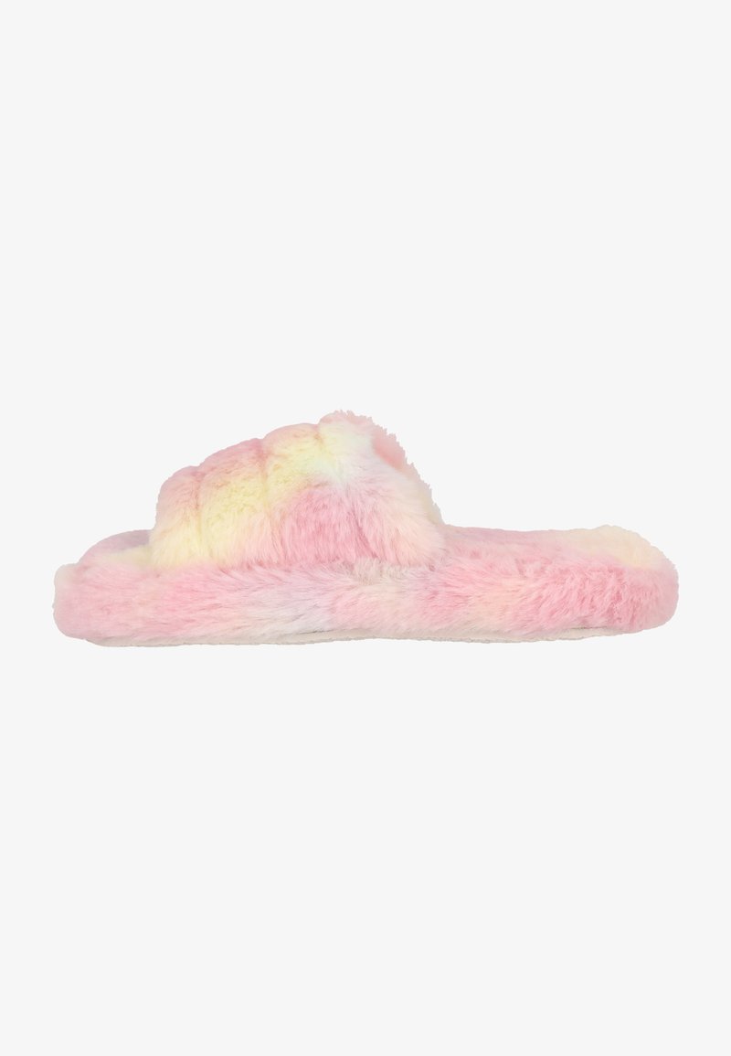 Flauschiger Schlüpfschuh im pastellfarbenen pink-gelben Ombre-Muster. Plüsch-Obermaterial und Sohle sorgen für eine weiche Textur. Offene Zehen-Design.