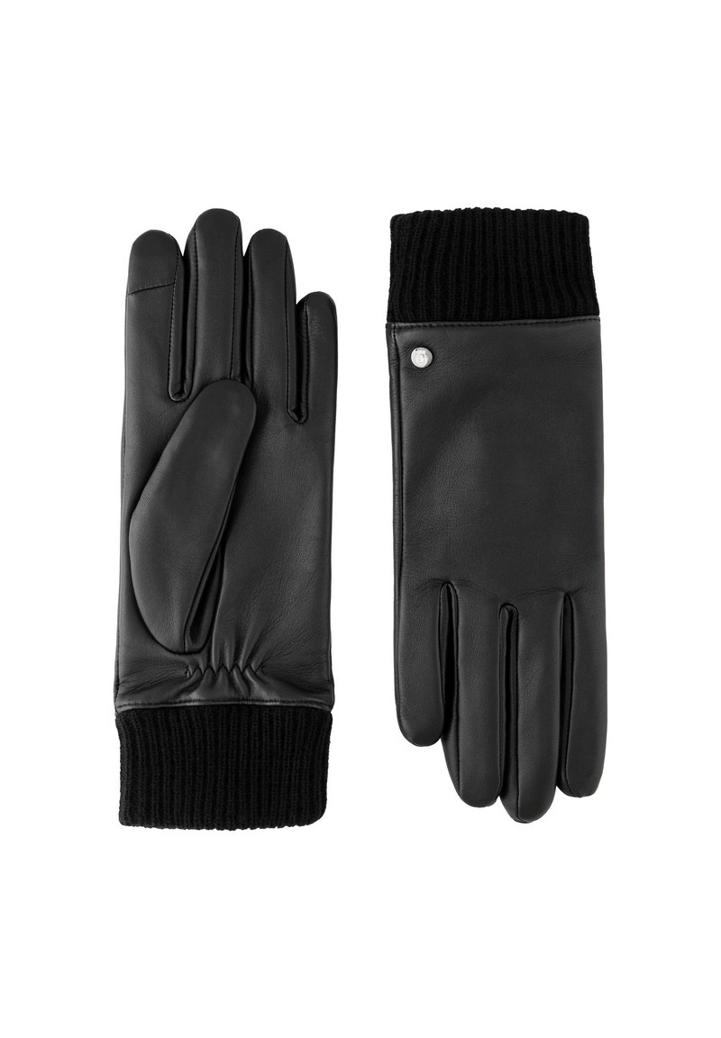 Black leather gloves with ribbed black knit cuffs, featuring a smooth texture, five-finger design, and gathered detailing at the wrist.