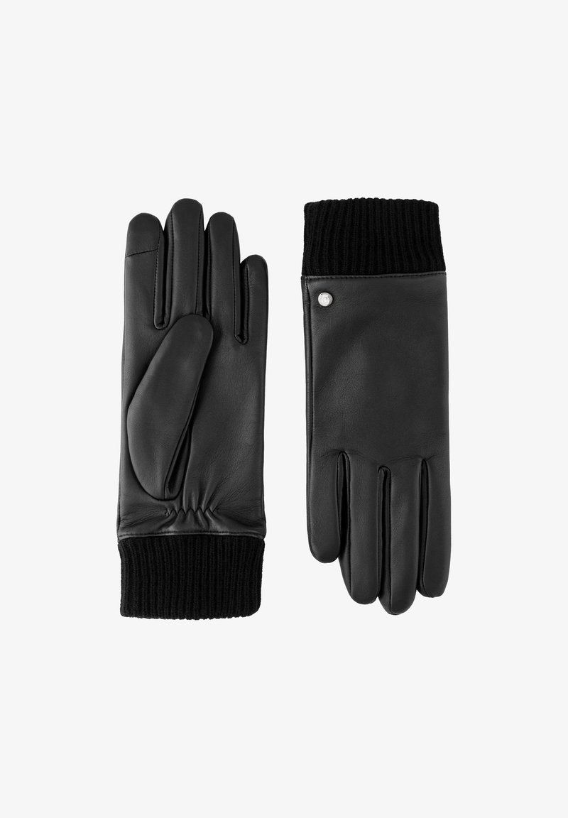Black leather gloves with ribbed black knit cuffs, featuring a smooth texture, five-finger design, and gathered detailing at the wrist.