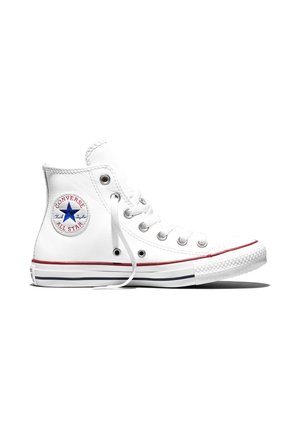 Baskets montantes blanches Converse All Star avec logo étoile bleu, semelle rayée rouge et bleu, et lacets blancs, vues de profil.
