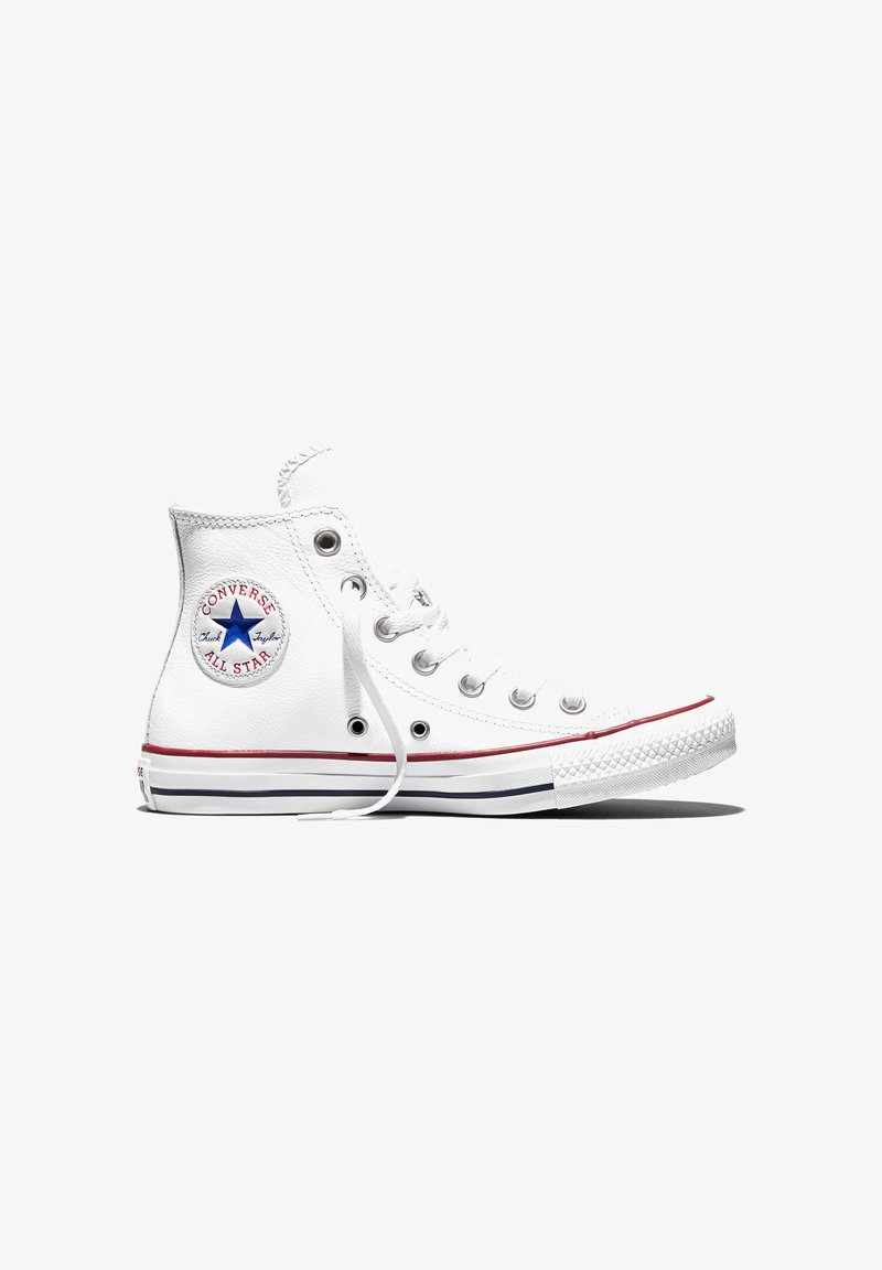Baskets montantes blanches Converse All Star avec logo étoile bleu, semelle rayée rouge et bleu, et lacets blancs, vues de profil.