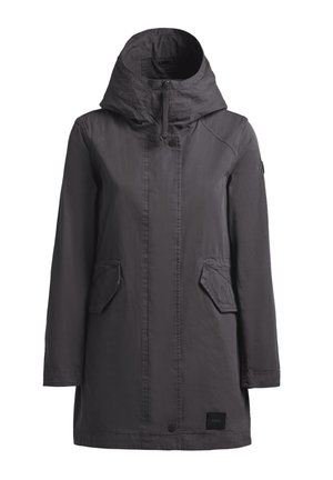 Temno siva dolga jakna s kapuco, z zadrgo na sprednji strani, pritiskači in dvema poševnima žepoma s pokrovom, zasnovana za mrzlo vreme.