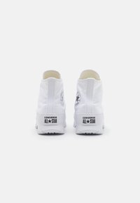 Zapatillas altas de lona blancas con suela de goma, que presentan un logo circular en el lado exterior y la marca "CONVERSE ALL★STAR" en el talón.
