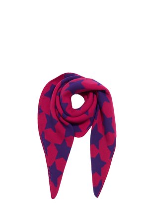 Soft fleece scarf in bright pink with large purple star patterns, folded with pointed ends hanging down.