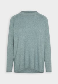 Helles Türkis-Pullover aus weichem Material. Hat lange Ärmel, einen runden Ausschnitt und einen lässigen Schnitt mit einem leicht geschwungenen Saum.