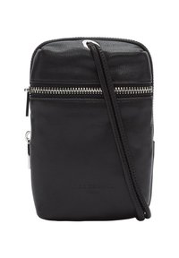 Schwarze Leder-Crossbody-Tasche mit silbernem Reißverschluss und dünnem Riemen, rechteckige Form, kleine Größe, glatte Textur.