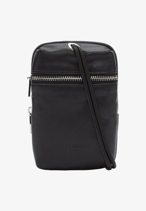 Schwarze Leder-Crossbody-Tasche mit silbernem Reißverschluss und dünnem Riemen, rechteckige Form, kleine Größe, glatte Textur.