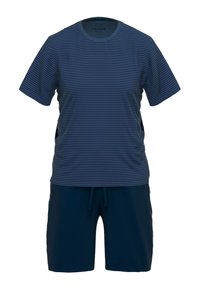T-shirt a maniche corte a righe navy e pantaloni corti abbinati. Il tessuto appare morbido con una texture liscia. I pantaloni corti presentano una cintura con cordino regolabile.