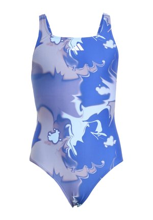 Maillot de bain une pièce bleu avec des motifs abstraits en spirale. Tissu lisse et extensible ; bretelles rectangulaires et design de cuisse haute.