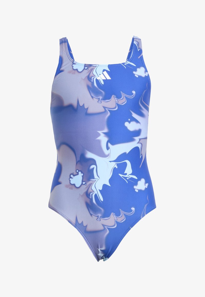 One-piece swimsuit in blue with abstract swirling patterns. Smooth, stretchy fabric; rectangular straps and a high-cut leg design.