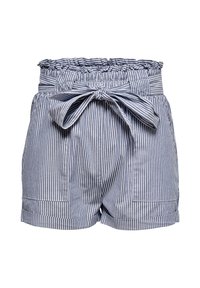 Pantaloni corti a righe con vita elastica e cintura in tessuto, blu e bianchi. Presentano una vita arricciata e tasche frontali.