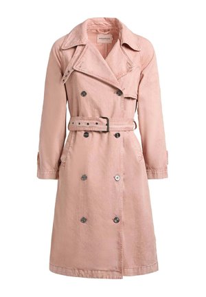 Soft pink double-breasted trench coat with wide lapels, belted waist, buttoned cuff straps, and side pockets.