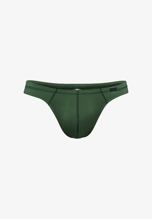 Donkergroene herenslip met dubbele naden en elastische tailleband, vooraanzicht op witte achtergrond.
