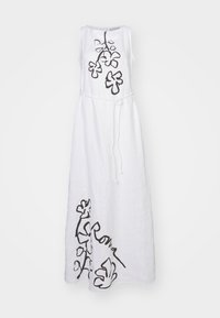 Valkoinen hihaton maximekko, jossa on musta kukkakuosi ja "Roma"-teksti. Mekossa on kiristetty vyötärö narupunoksella ja pyöreä kaula-aukko.